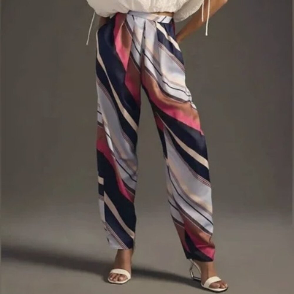 ANTHROPOLOGIE MAEVE Striped Satin Balloon Leg Pants Size 12